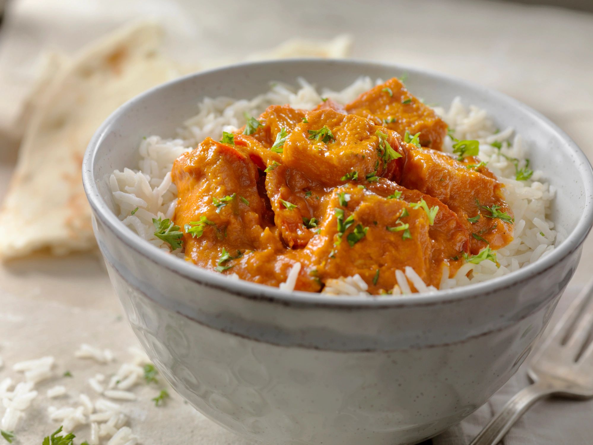 Curry with rice and naan bread plated for serving
