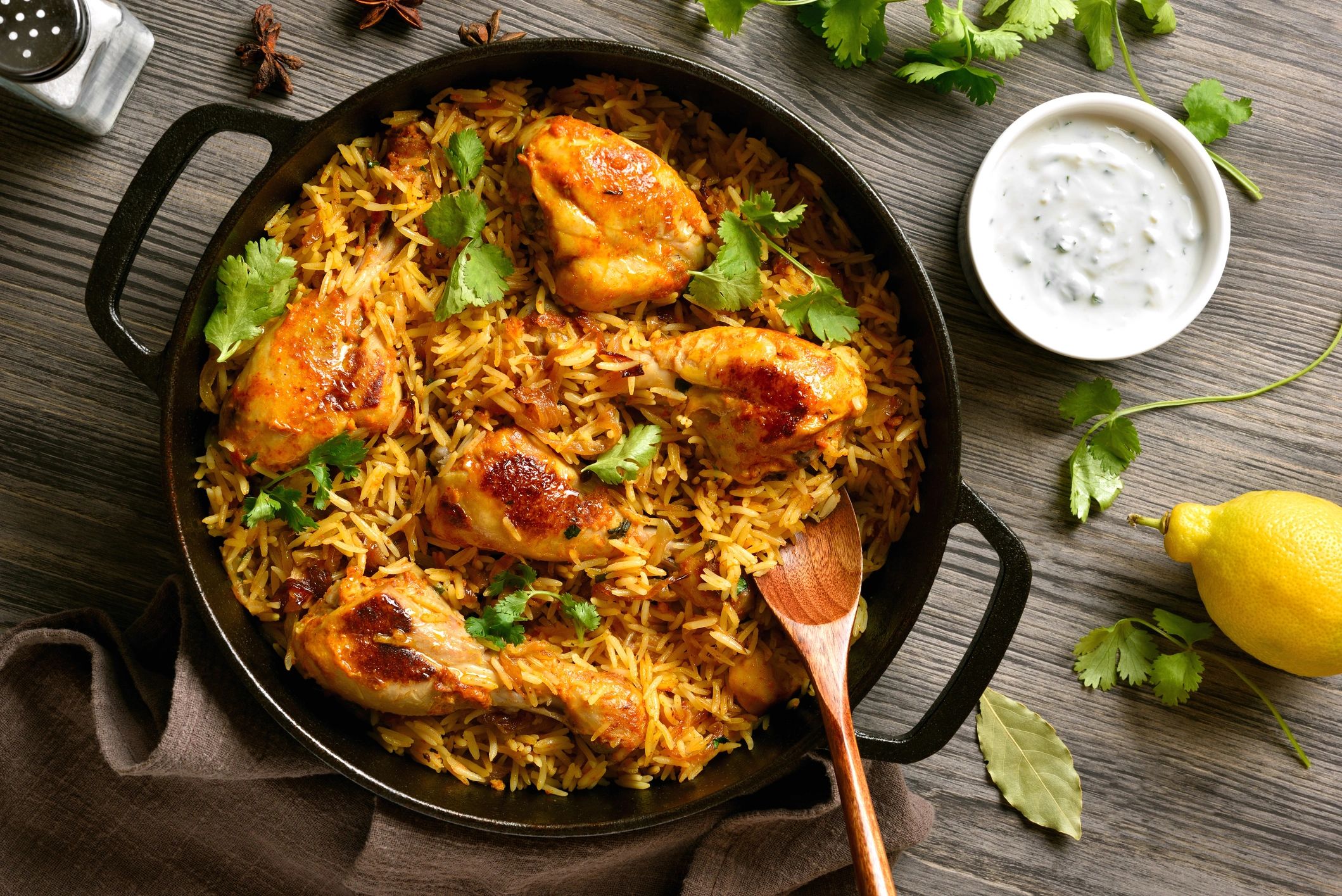 Chicken biryani served in a pan